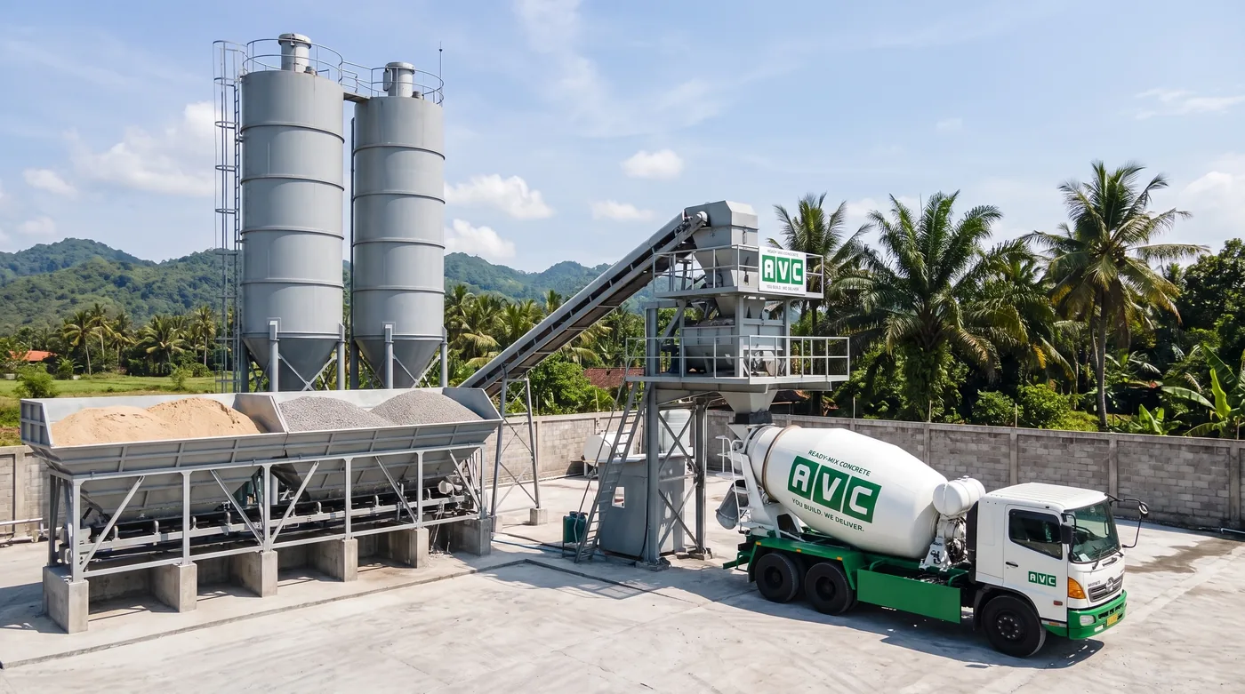 Illustration: batching plant with cement silos, aggregate bins and a mixer truck under loading