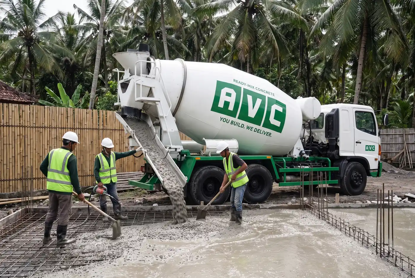 Illustration: concrete discharged from a mixer truck into the rebar of a foundation slab